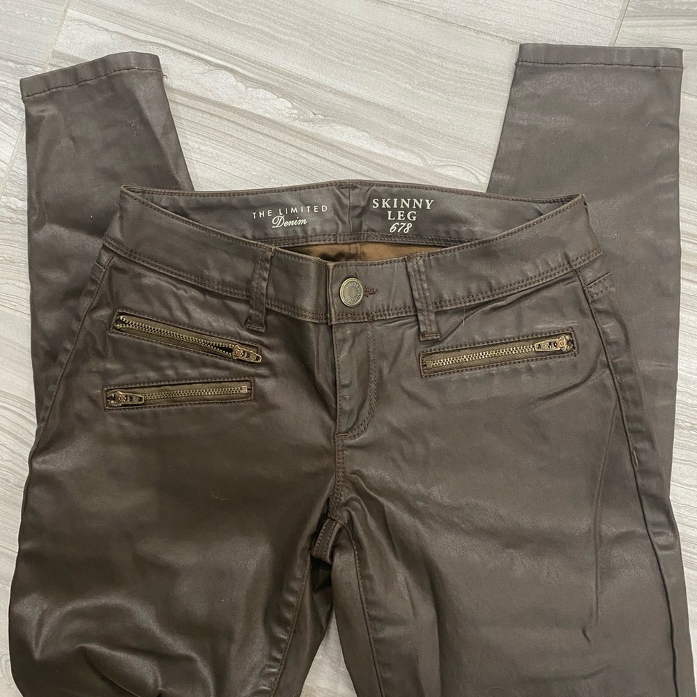 Skinny Moto Brown Coated Jeans with Zipper Detail - Picture 2 of 6
